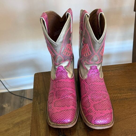 Justin Pink/silver metallic Snake Print boots - Picture 2 of 8